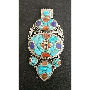Tibetan Silver Turquoise And Coral Pendant